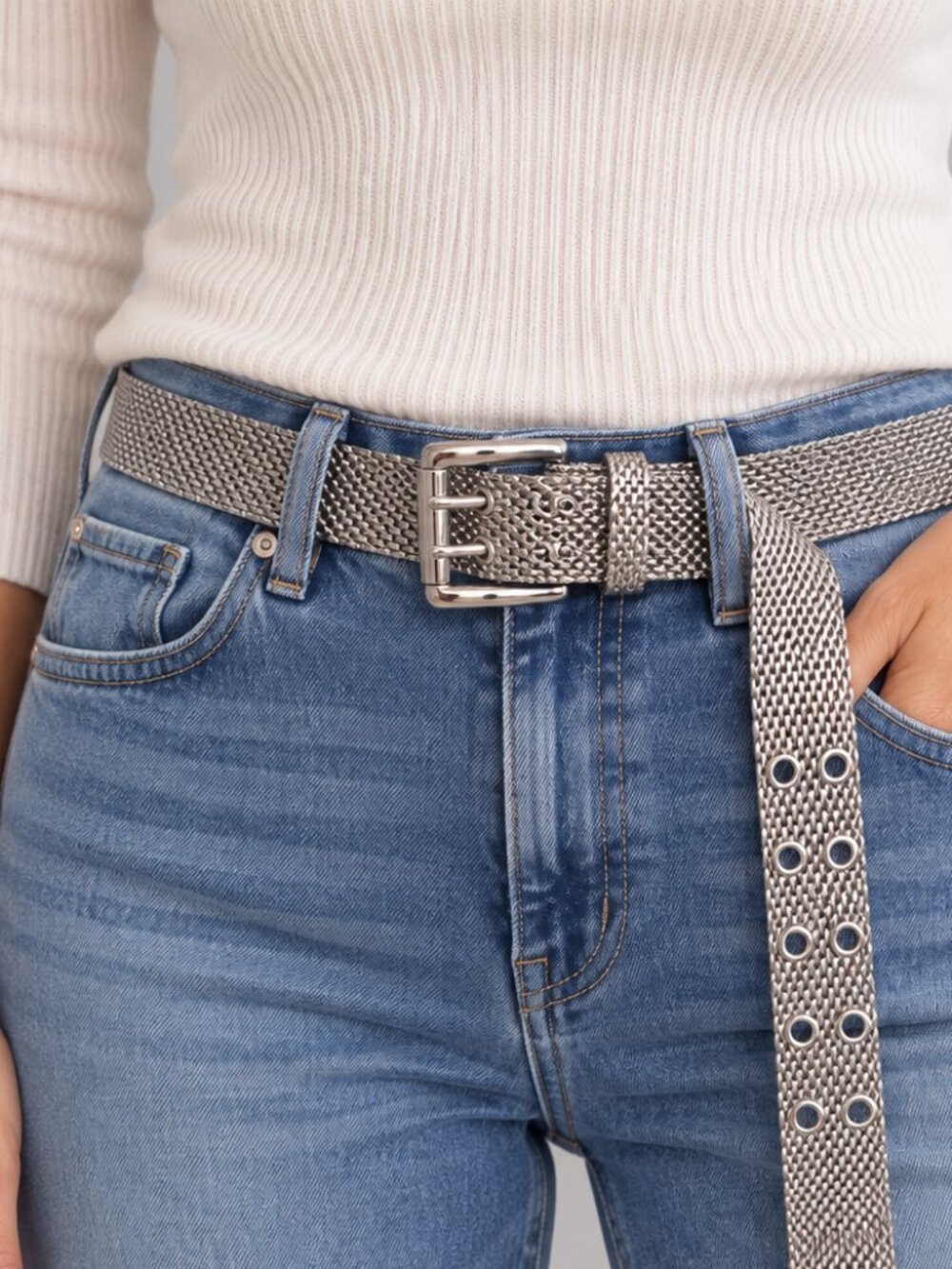 Silver tone metal mesh belt